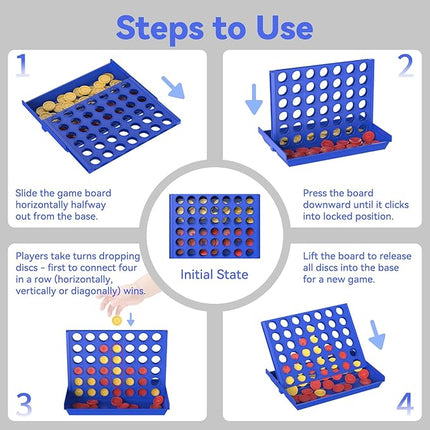Standard Size 4 in a Row Board Games for Kids Ages 3 for Boys Girls Teens, Classic Family Game Educational Toy, Portable 2-Player Strategy Games, 6 Spare Discs Included
