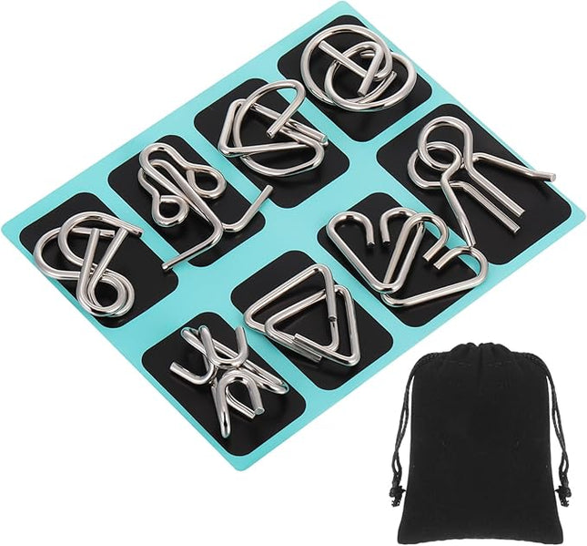 Yilloog Metal Wire Puzzle Set of 8 with Pouch, Brain Teaser Puzzles IQ Test Ring Disentanglement Unlock Interlock Game Trick Metal for Party Favor Challenge(B Style)