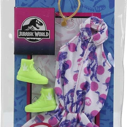 Barbie Doll Clothes Inspired by Jurassic World: Dominion, Complete Look, 2 Accessories, Shorts Romper with Pink Polka Dot & Dinosaur Print, Lime Green Boots & Necklace, Gift for Kids 3 to 8 Years Old