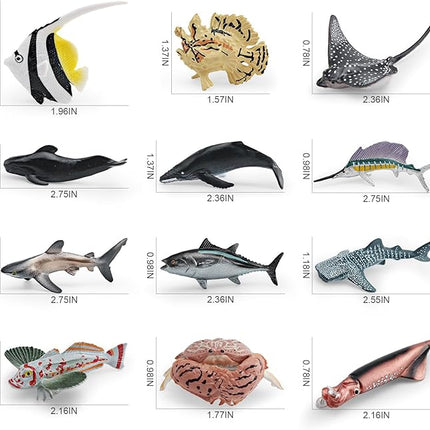 12PCS 2-4 Inch Marine Animal Figures Mini Sea Creatures Sea Ocean Animal Toys for Cake Topper Mini Shark Toy Bath Toys Educational School Project for Kids Toddlers