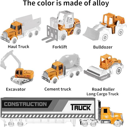 TEMI Diecast Engineering Construction Vehicle Toy Set w/Play Mat,Truck Carrier, Forklift, Bulldozer, Excavator,Dump Truck, Alloy Metal Car Toys Set for 3 4 5 6 Years Old Toddlers Kids Boys & Girls