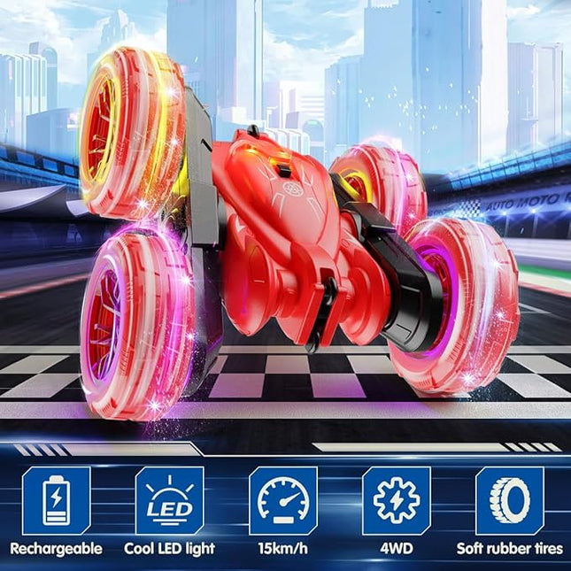 Remote Control Car, Rechargeable RC Cars Fast Direct Charging Car with Colorful Light, Double Sided 360° Flips RC Stunt 2.4Ghz 4WD All Terrain Race Cars Toys Xmas Gift present for Boys Girls Aged 3-12