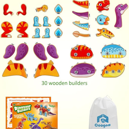 Coogam Dinosaur Snap Together Building Toys, Wooden Take Apart Dinosaur Playset, STEM Montessori Educational Fine Motor Skill Toy Gift for 3 4 5 Years Old Kids