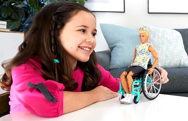 Barbie Ken Fashionistas Doll #167 with Wheelchair & Ramp Wearing Tie-Dye Shirt, Black Shorts, White Sneakers & Sunglasses, Toy for Kids 3 to 8 Years Old