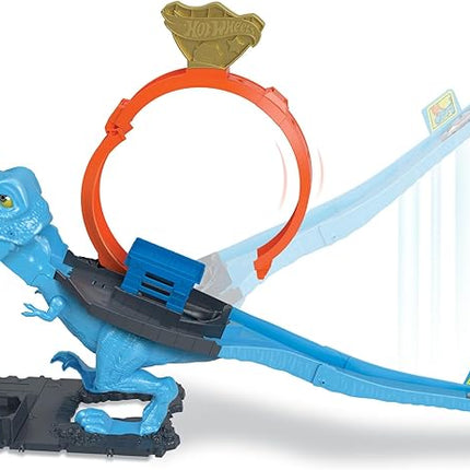 Hot Wheels City Track Set with 1 Toy Car, Race Through a Giant Loop to Defeat a Big Dinosaur, T-Rex Loop Stunt and Race Playset