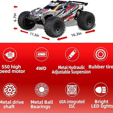 1:10 Large Brush RC Car for Adults, Fast Remote Control Car, 28+ MPH Rc Hobby Truck with Headlights, All Terrain 2.4Ghz Electric Hobby Rc Cars, 4WD Off Road Monster Truck for Adults - Red