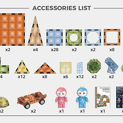 Deluxe Quality Magnetic Tiles Building Set with Attractive Reflective Pattern, LED Lights, Marble Run, and Cars - STEM Educational Toy for Creative Kids Girls Boys 3+ (110 pcs Castle)