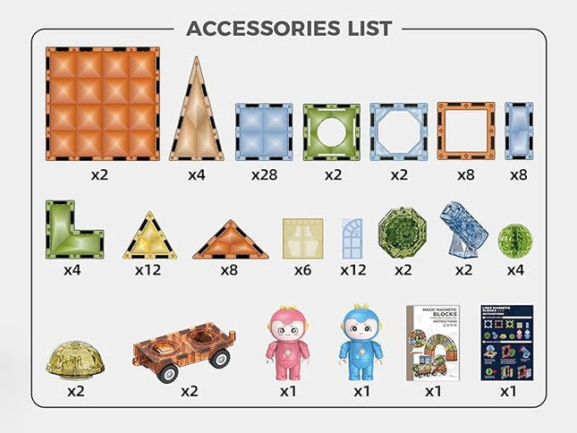 Deluxe Quality Magnetic Tiles Building Set with Attractive Reflective Pattern, LED Lights, Marble Run, and Cars - STEM Educational Toy for Creative Kids Girls Boys 3+ (110 pcs Castle)