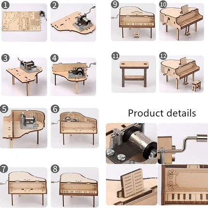 3D Wooden Puzzle Music Box Piano Hand Crank Music Box Teaser Science and Education Education DIY Kits 3D Puzzles for Adults (Piano)