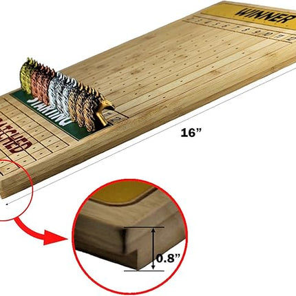 Metal Horse Race Board Game Set with Horse Racing Thick & Solid Wood Game Board(16”/Natural),11 Luxurious with 4Antique(Gold,Silver,Red Cooper&Bronze) Metal Craft Horses, Dice&Cards (HR-M554)