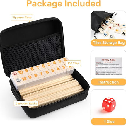 Rummy Cube 6 Player Edition with 6 Wooden Racks/Trays, 160 Large Numbers Rummy Tiles Set with Zippered Case, Rummy Travel Game Set with 6 Tiles Holders - Classic Board Games for Family Adults Kids