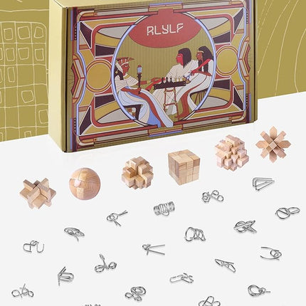 RLYLF 30Pcs Brain Teaser Puzzles Games Educational Toys Mind Wooden and Metal 3D Puzzles Unlock Interlock IQ Box