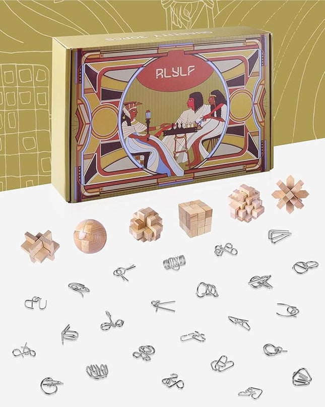 RLYLF 30Pcs Brain Teaser Puzzles Games Educational Toys Mind Wooden and Metal 3D Puzzles Unlock Interlock IQ Box