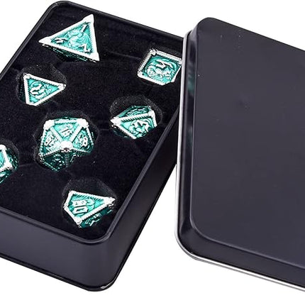 AUSTOR 7-Die Metal DND Dice Set Dungeons and Dragons Polyhedral Roll Playing Dice with Box D20 D12 D10 D% D8 D6 D4 for Pathfinder MTG RPG Board Games