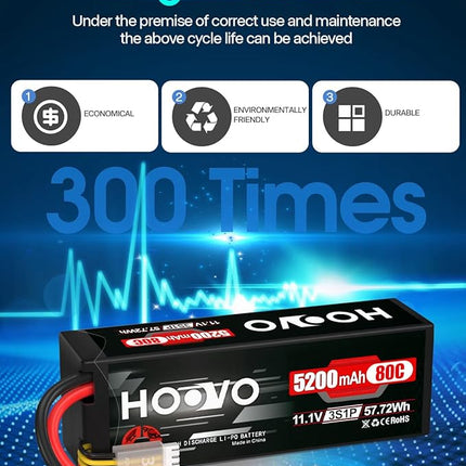 HOOVO 11.1V 3S Lipo Battery 5200mAh 80C Hard Case with EC3 Connector for RC Car Boat Truck Heli Airplane Hobby FPV Racing