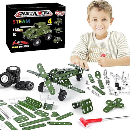 Metal Building Military Series Assembly Toys,Small Construction Set for Kids Ages 4-8, Military Toys for Boys Age 8-12,STEM Toy Gifts for Model Army Kit(166pcs No Motor)