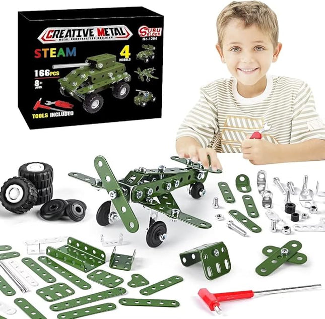 Metal Building Military Series Assembly Toys,Small Construction Set for Kids Ages 4-8, Military Toys for Boys Age 8-12,STEM Toy Gifts for Model Army Kit(166pcs No Motor)