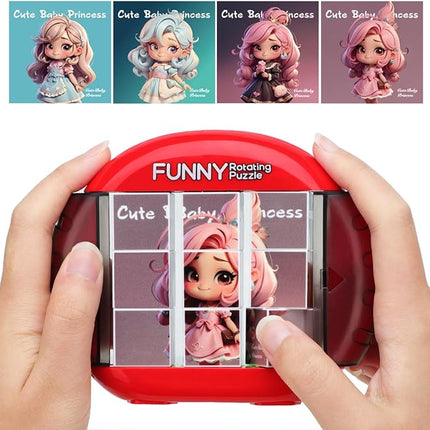 Rotating 3D Puzzle for Kids 3 4 5 6 7 Year Old, 4 Puzzles in 1, Handheld Game Fidget Toys for Travel, Cars & Plane, Fine Motor Skills Developing (Cute Little Princess)