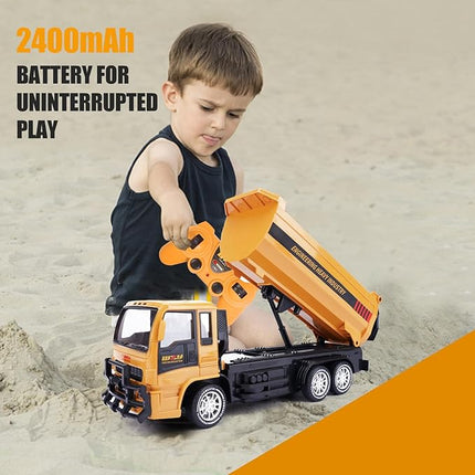 Remote Control Dump Truck for Kids, 2.4GHz RC Construction Vehicle with LED Lights, 45° Dumping Function, 2 Rechargeable Batteries, Toy Truck for Boys Girls 3 4 5 6 7 8 Years Old
