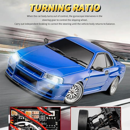 LD1899 1:18 RC Drift Car GTR R34 2.4GHz RWD with Gyroscope on-Road Alloy Body Shell Racing Cars Radio Control (Blue)