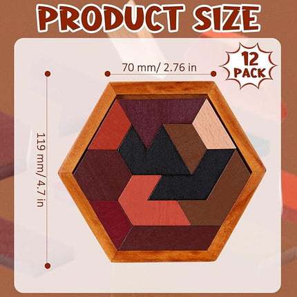 Yilloog 12 Pack Hexagon Tangram Puzzles Wooden Brain Survivor Puzzles for Adult Challenge Hexagon Tangram Brain Teaser Wood Geometric Jigsaw Russian Blocks for Family Party Gift Logic Game
