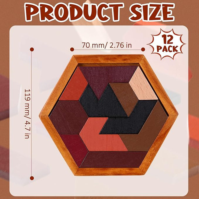 Yilloog 12 Pack Hexagon Tangram Puzzles Wooden Brain Survivor Puzzles for Adult Challenge Hexagon Tangram Brain Teaser Wood Geometric Jigsaw Russian Blocks for Family Party Gift Logic Game