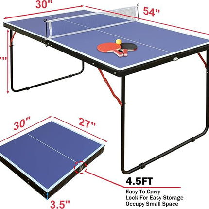 Table Tennis Table Mid-Size, Foldable Ping Pong Table Top Full Size with 2 Paddles, 2 Balls, 1 Net & 4 Wheels, Folding Table Tennis for Indoor & Outdoor, Quick Assembly to Support Multiplayer