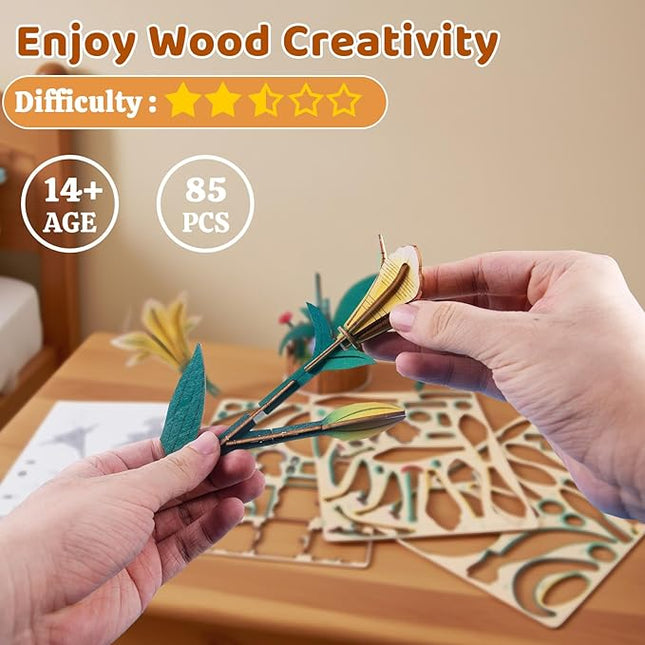 3D Wooden Flower Puzzles for Adults Lily, DIY Artificial Flower Building Set Wooden Bloom Craft Kits Home Decoration, for Women Mom Birthday Thanksgiving Christmas Valentine's Day