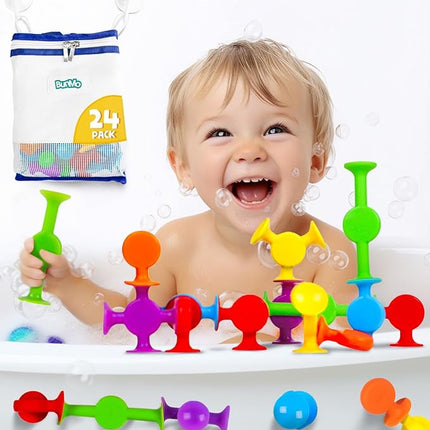 BUNMO Bath Toys Suction - Connect, Build, Create - Bath Toys - Hours of Fun & Creativity - Fine Motor Skills - Stimulating Sensory Toys - Non-Mouthable Toy 3+ - Smooth 24 Pack