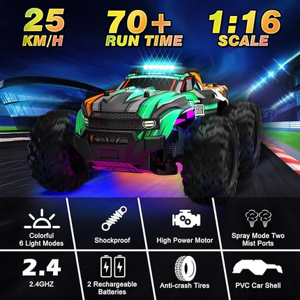 BLUEJAY Remote Control Car, 1:16 All Terrain High Speed RC Cars Truck for Boy, Rechargeable Monster RC Truck with Cool LED Lights & Spray, RC Cars Toys Gifts for Adults Kids Boys Girls 4-7 8-12