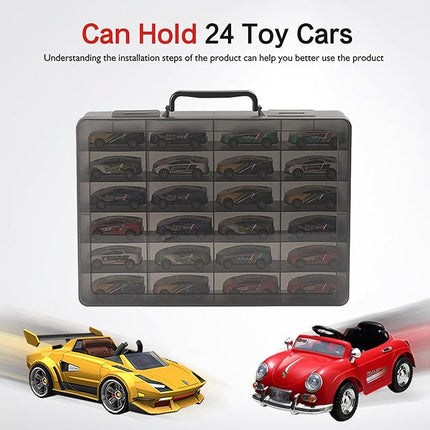 Toy Storage Organizer Case for Hot Wheels Car, for Matchbox Cars, for Mini Toys, for Small Dolls. Carrying Box Container Carrier with 24 Compartments (Box Only) (Black)