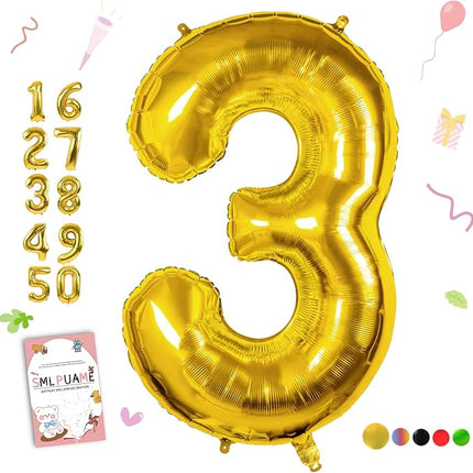 Smlpuame 40 inch Number Balloon 0-9 Gold Large Number 3 Balloons,Digital Balloons for Birthday Party Celebration Decorations Supplies, Helium Foil Number Balloons for Wedding Anniversary