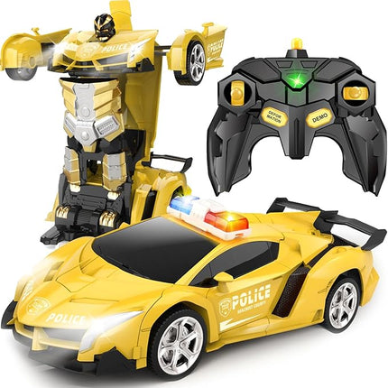 Transform Remote Control Car - Rc Cars, One-Button Transforming, 360° Rotation Drifting, 2.4ghz 1:18 Scale, Gift Kids Aged 4-6 Year Old Boys/Girls, Police Car Yellow