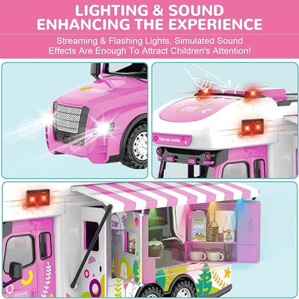 Remote Control Camper Toys, RC Truck for Boys Pull Back Model Car Doors & Awning Open Light Sound, RC Food Car Age 3 4 5 6 7 8 Kids Toddlers Birthday Gifts