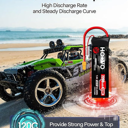 HOOVO 2S Lipo Battery, 7.4V 7200mAh 120C RC Battery Pack,Softcase with XT60 Plug for RC Car Truck Buggy Crawler Airplane Boat RC Vehicle,2Packs