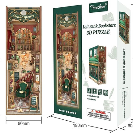 Tonecheer DIY Book Nook Kit for Adults, 3D Wooden Puzzle Bookend Bookshelf Insert Library Bookstore Model Decor, Booknook Miniature Dollhouse with Sensor LED Light for Gifts (Left Bank Bookstore)