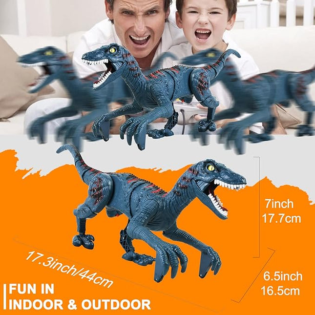 Large Remote Control Velociraptor Toy - Realistic Jurassic Walking Dinosaur with Lights & Sounds - STEM Toy for Boys Ages 5-7 & 8-12 Blue