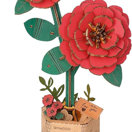rowood 3D Puzzle Artifical Flower,DIY Wooden Flower Craft Kit Building,Mother's Day/Valentine's Day/Teacher's Day/Thanksgiving Day/Christmas/Birthday Gift for Mom/Women/Grandma/Wife/Her-Red Camellia