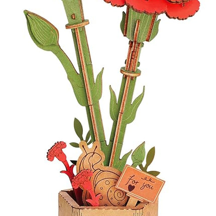rowood 3D Puzzle Wooden Flower,DIY Artifical Flower Building Set Craft Kit for Women,Mother's Day/Valentine's Day/Teacher's Day/Thanksgiving/Christmas/Birthday Gift for Mom/Grandma-Red Carnation