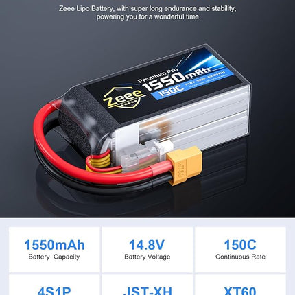 Zeee Premium Pro 1550mAh 4S Lipo Battery 14.8V 150C Ultra-Low IR Soft Pack RC Battery with XT60 Plug for FPV Drone Quadcopter Racing Helicopter Airplane RC Boat RC Car RC Models(2 Pack)