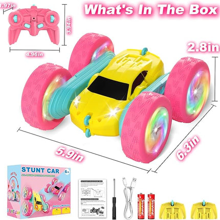 Remote Control Car, RC Cars for Girls, Double-Sided 4WD Stunt Car with RGB Lights & 360° Flips, USB-C Modular Batteries, Toys for Ages 5–7, Birthday Gift for 6+ Year Old Girl, Yellow-Pink