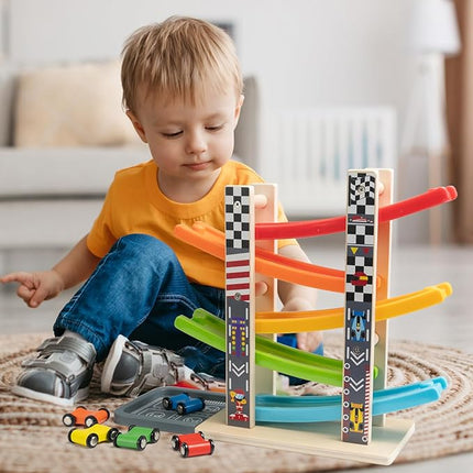 WOOD CITY Toddler Toys for 1 2 3 Years Old, Wooden Car Ramp Racer Toy Vehicle Set with 5/7 Mini Cars & Race Tracks, Montessori Toys Craft Gift for Toddlers Boys and Girls (ramp Racer-5 Layers)