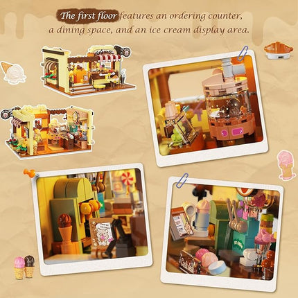 City Ice Cream House Building Set with Lights, 1377 PCS Dessert Shop Building Block Toy with Chocolate Sundae Cone, Sweet Workshop Construction Model for Adults Teens Kids Boys Girls Ages 12+