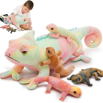 MorisMos 27" Giant Chameleon Stuffed Animal with 4 Baby Lizard Plush Toys for Kid Girl Boy,Realistic Rainbow Chameleon Plush Mama & Baby Lizard Stuffed Animals Gift for Birthday Decor,CE/CPC Certified