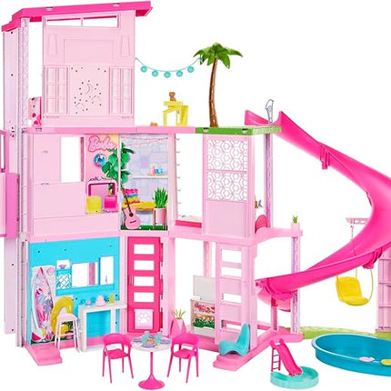 Barbie Dreamhouse, Pool Party Doll House with 75+ Pieces and 3-Story Slide, House Playset, Pet Elevator and Puppy Play Areas