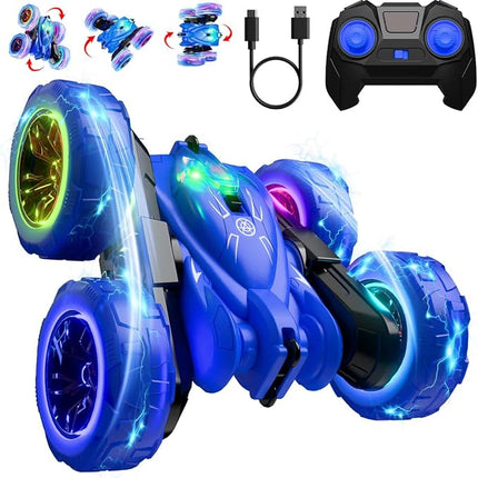 Rechargeable Remote Control car with Colorful Lights, Double Sided RC Stunt Car for Kids Fast USB-C Charging 360° Rotation 4WD Car Toys for Aged 3-12 Gift