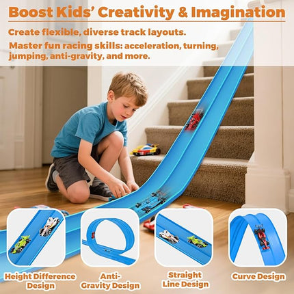15 Ft Flexible Race Car Track, Portable Dual-Sided Race Car Track with 4 Cars & Suction Cups, Compatible with Hot Wheels & 1/64 Diecast Cars, Kids’ Car Ramp & Race Track (Blue)