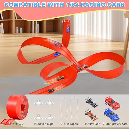 20 Ft Flexible Race Track Toys, Anti Gravity Car Track Set, Flex Race Car Ramp Track with Suction Cups - Rolls Up Portable DIY Race Track with 4 Racing Cars- Kids Race Car Track Toy (red)