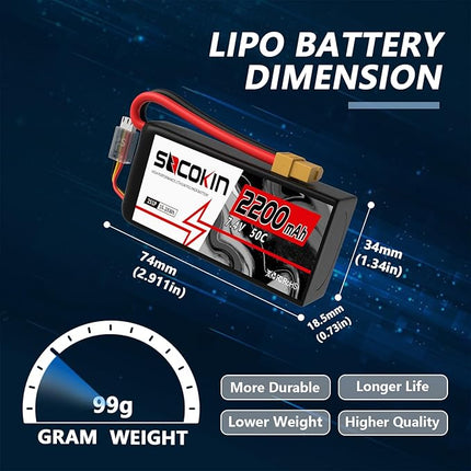 2S Lipo Battery 7.4V 50C 2200mAh Batteries with XT60 Connector Plug Shorty Soft Case Battery for RC Car Truck Boat Truggy FPV Drone Quadcopter UAV Airplane Helicopter (2 Pack)
