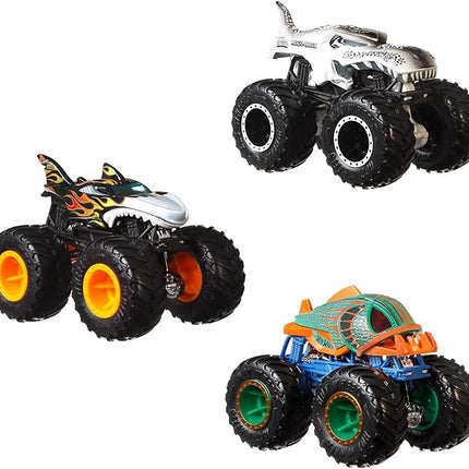 Hot Wheels Toy Monster Trucks Creature 3-Pack, Set of 3 Toy Trucks in 1:64 Scale: Shark Wreak, Piran-ahh & Mega-Wrex